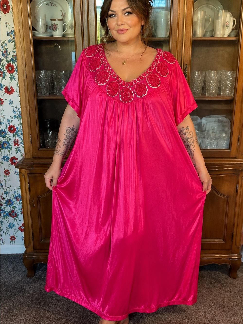 vintage hot pink satin muumuu sequin rosette caftan dress mahjong glam